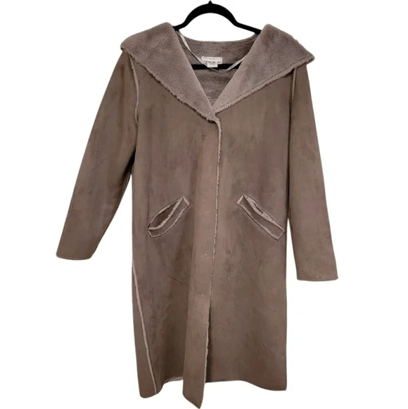 For the Republic Long Length Faux Suede Fur Lined Coat with Hood Gray Size Small - Picture 2 of 11